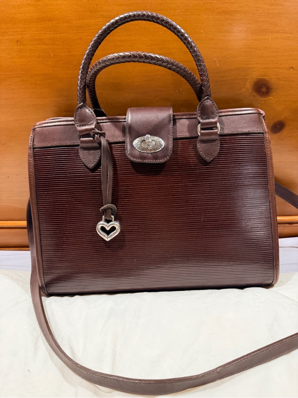 Vintage Brighton Brown Leather Handbag Crossbody Purse Heart Charm Y2K